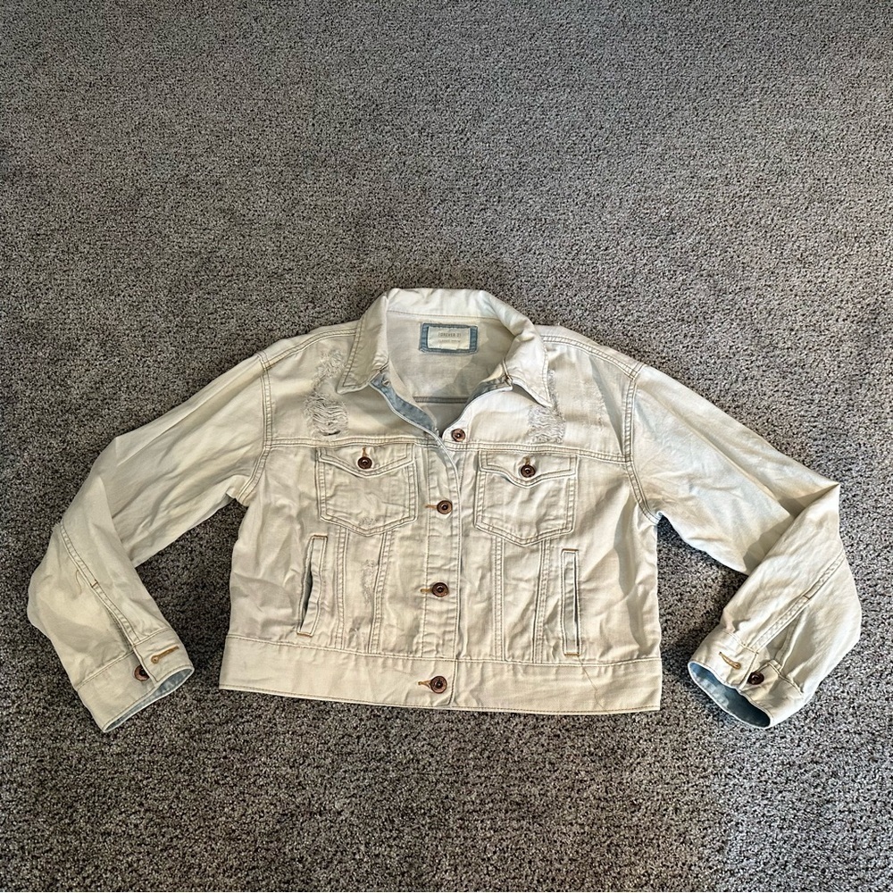 FOREVER 21 M Bleached Denim Jean Jacket Distressed Rips R $35 - Picture 4 of 14